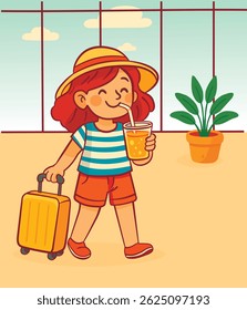 Girl traveler walking with rolling suitcase, drinking lemonade, wearing in summer outfit, enjoying vacation and tour adventures