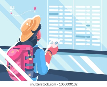 Girl traveler watch schedule of flights. Holidays and vacations. Vector illustration