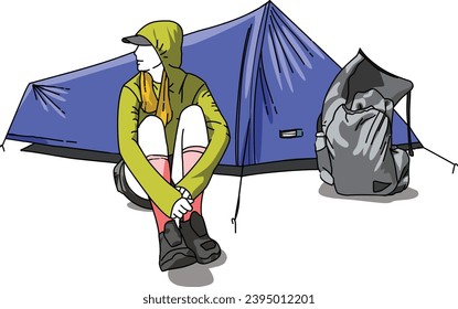 A girl is traveling alone in front of her tent