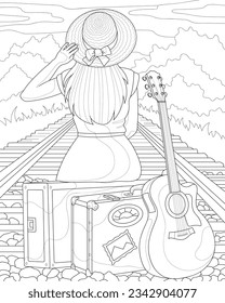 La chica está viajando. Ferrocarril, maletas, guitarra, sombrero de paja. Libro de Colores para adultos.