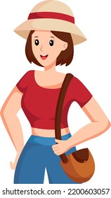 Ilustración de diseño de caracteres de Sling Bag para chicas en viaje con Sling Bag