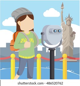 girl traveller statue liberty binocular