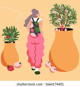  girl travelling with backpack in , cartoon style on background with plants,  trees . 