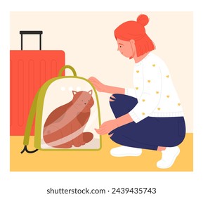 Girl travelling with her cat. Kitten travel in backpack, airplane ticket for pets cartoon vector illustration