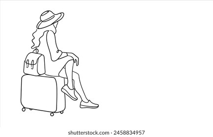 Girl travels in a hat and sits on a suitcase on white background. Continuous line art drawing isolated on white background. Vector illustration