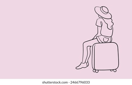 Chica viaja en un sombrero y se sienta en un contorno de maleta. Dibujo de arte de línea continua de aventura aislado sobre fondo rosa. Ilustración vectorial