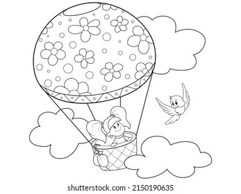 Girl travels in hot air balloon, bird flies nearby. Childrens coloring, black lines, white background.