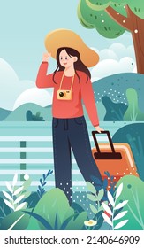 Girl travels and travels with a suitcase against the background of mountains and river, vector illustration