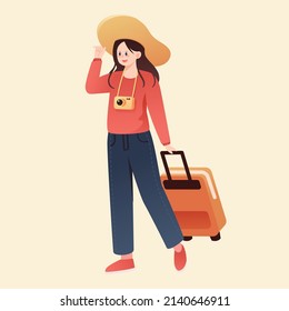 Girl travels and travels with a suitcase against the background of mountains and river, vector illustration