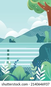Girl travels and travels with a suitcase against the background of mountains and river, vector illustration