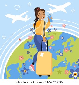 The girl travels with a yellow suitcase around the world. A happy girl with a ticket in her hands goes on vacation by plane. Flat vector.