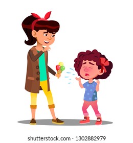 Girl Treating To Crying Girl To Ice Cream Vector. Isolated Illustration