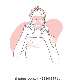Girl with treatment sheet face mask. Acne beauty care mask, skin care procedure line vector illustration