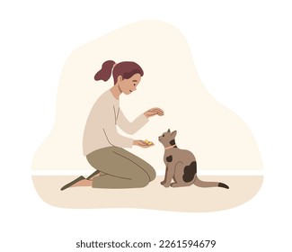 Girl treats a cat. Owner wants to pet the kitten. Vector illustration.