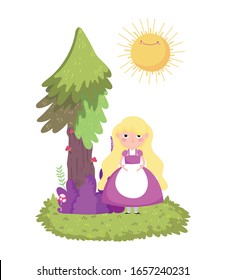 girl tree bush mushroom grass in wonderland vector illustration