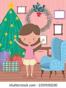 girl with tree gifts sofa frames living room celebration merry christmas vector illustration