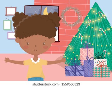 girl tree gifts wall frames window merry christmas celebration vector illustration