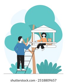 Girl in tree house. Man climbs up stairs to his daughter. Outdoors playhouse for kids. Active lifestyle and leisure in garden. Linear vector illustration isolated on white background