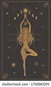 Girl In A Tree Pose, Mystic Illustration With Moon Phases, Tarot Cards, Yoga Meditation