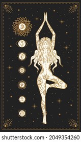 girl in a tree pose, mystic illustration with moon chakras, tarot cards, yoga meditation	