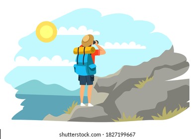 Girl trekking on mountain. Young woman traveling in mountains, standing on top, looking in binoculars. Tourist outdoor scene vector. Climbing