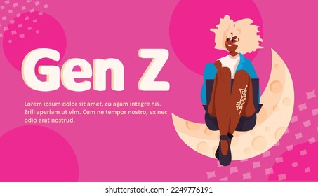 girl in trendy clothes sitting on moon generation Z lifestyle concept new modern demography trend with progressive youth gen