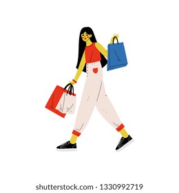 Girl in Trendy Clothes Walking with Shopping Bags, Young Woman Shopping, Seasonal Sale at Store, Mall or Shop Vector Illustration