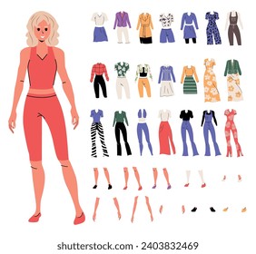 Girl in trendy flat style. Body part. Construction character. Set of clothes. Cartoon person. Isolated. Different emotions and gestures. White Background. Poses. Kit. Hippie woman. Smile 