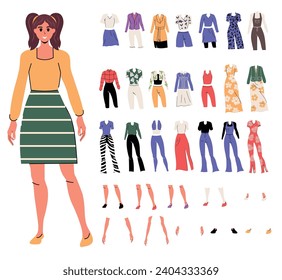 Girl in trendy flat style.Body part. Construction character. Set of clothes. Cartoon person.Isolated. Different emotions and gestures. White Background. Poses. Kit