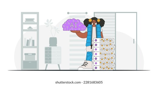Girl with trendy style cradles AI brain, vector illustration.