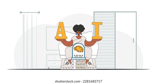 Girl in trendy style holding AI brain, vector illustration.