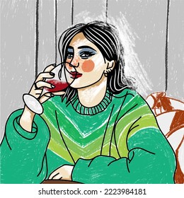 A girl in a trendy sweater drinks red wine, bright colors, pop art drawing