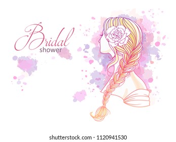 Girl with tress. Wedding  hair style with flowers from the back, hand drawn vector outline illustration for invitation and bridal shower.