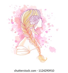 Girl with tress. Wedding  hair style with flowers from the back, hand drawn vector outline illustration.