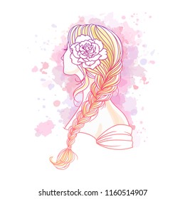 Girl with tress. Wedding  hair style with flowers from the back, hand drawn vector outline illustration.