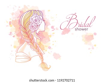 Girl with tress. Wedding  hair style with flowers from the back, hand drawn vector outline illustration for invitation and bridal shower.