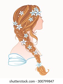 Girl with tress, wedding  hair style with flowers from the back, hand drawn vector illustration