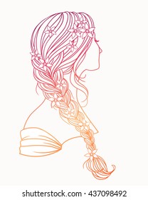 Girl with tress. Wedding  hair style with flowers from the back, hand drawn vector outline illustration.