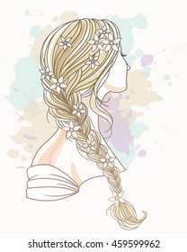 Girl with tress. Wedding  hair style with flowers from the back, hand drawn vector outline illustration.