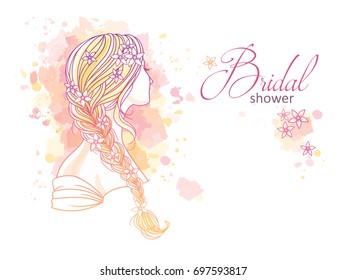 Girl with tress. Wedding  hair style with flowers from the back, hand drawn vector outline illustration for invitation and bridal shower.