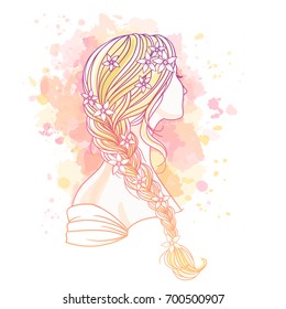 Girl with tress. Wedding  hair style with flowers from the back, hand drawn vector outline illustration.