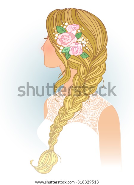 Girl Tress Wedding Hair Style Flowers Stock Vektorgrafik