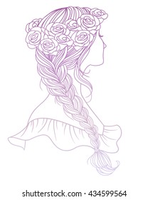 Girl with tress and wreath of roses. Wedding  hair style with flowers from the back, hand drawn vector outline illustration