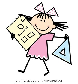 Girl with triangle for drawing and and a sheet of paper, smiling vector illustration