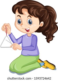 Niña con triángulo en ilustración aislada de fondo