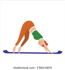 
A girl in a triangle pose does yoga on a rug. Dog pose snout down, dolphin pose. Illustration isolated on white background for tracker for good habits in vector