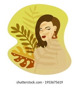 Girl with a triangular earring in tropical leaves, vector illustration in natural colors.