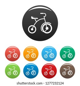 Girl tricycle icons set 9 color vector isolated on white for any design