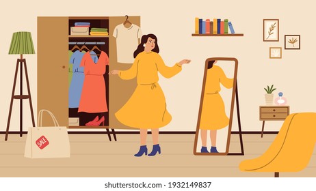 Girl tries dress. Woman shopping, female at home in new clothes. Trendy stylish character look at mirror, living room interior vector illustration