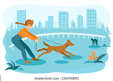 A girl tries to keep a dog running after a cat on a leash. Walking with a pet in an urban environment. Detailed flat vector illustration